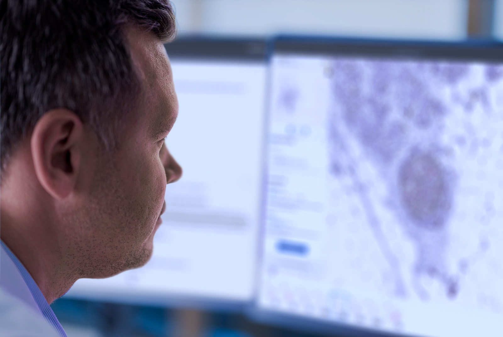 Male pathologist sitting in front of a monitor studying a case